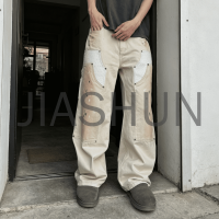 Beige Wide Leg Carpenter Pants with Paint Splatter and Patchwork