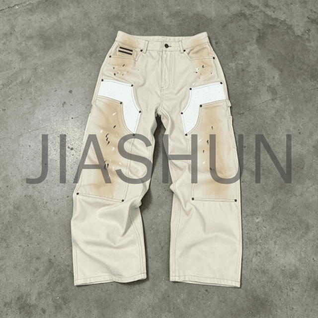 Beige Wide Leg Carpenter Pants with Paint Splatter and Patchwork