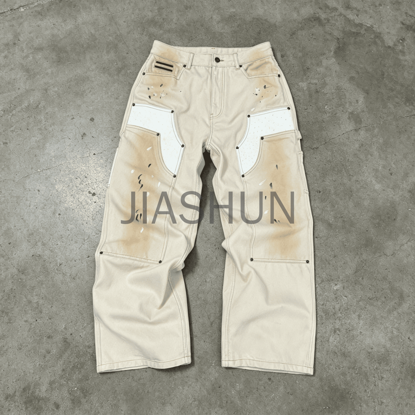 Beige Wide Leg Carpenter Pants with Paint Splatter and Patchwork
