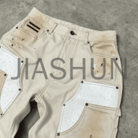 Beige Wide Leg Carpenter Pants with Paint Splatter and Patchwork
