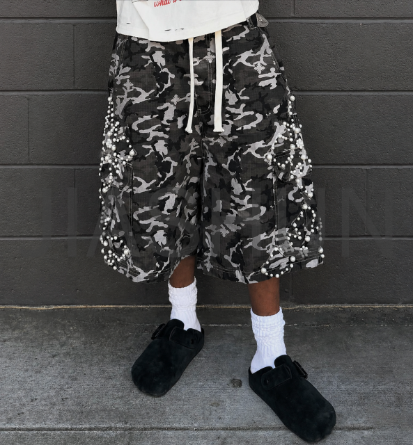 Vintage Distressed Ripstop Camo Oversize Cargo Shorts