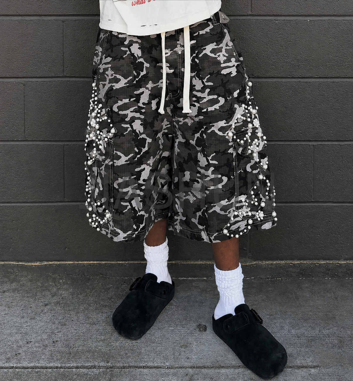 Vintage Distressed Ripstop Camo Oversize Cargo Shorts
