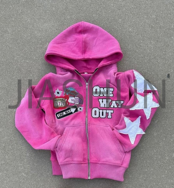 Acid Wash Distressed Oversized Hoodie with Embroidered Patches