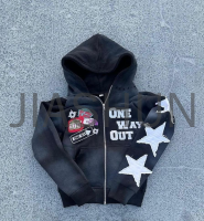 Acid Wash Distressed Oversized Hoodie with Embroidered Patches