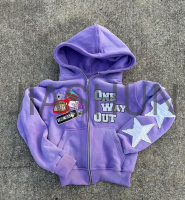 Acid Wash Distressed Oversized Hoodie with Embroidered Patches