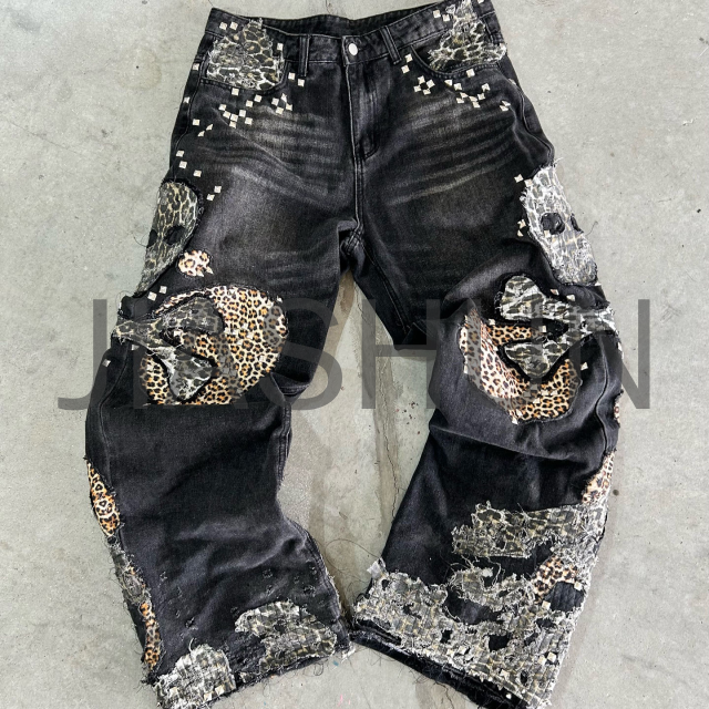 Washed Baggy Straight Leg Jeans with Spider Web Stitching
