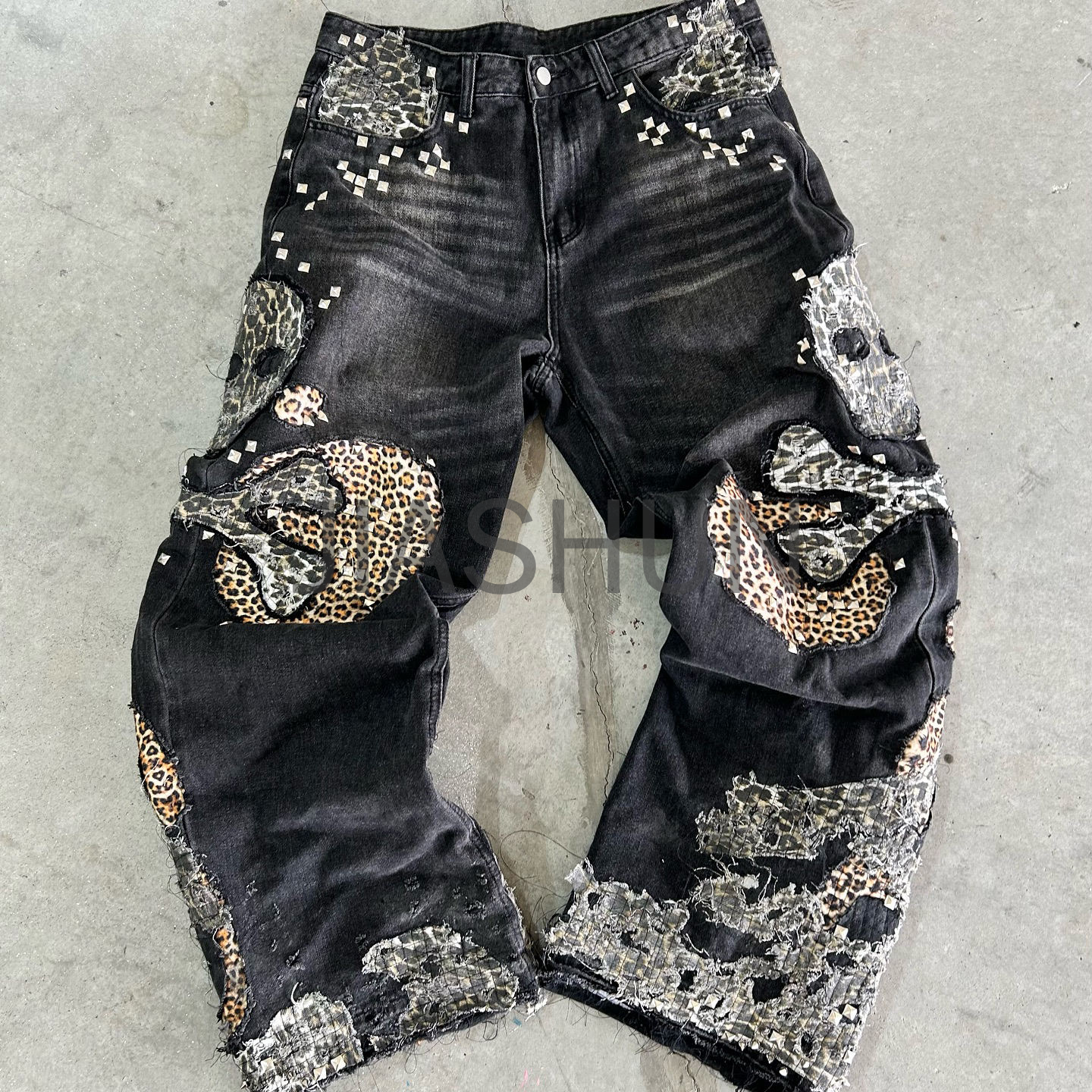 Washed Baggy Straight Leg Jeans with Spider Web Stitching