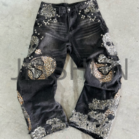 Washed Baggy Straight Leg Jeans with Spider Web Stitching