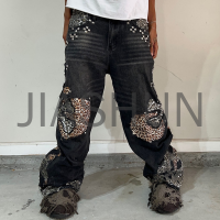 Washed Baggy Straight Leg Jeans with Spider Web Stitching