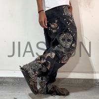 Washed Baggy Straight Leg Jeans with Spider Web Stitching