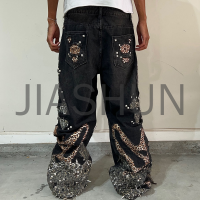 Washed Baggy Straight Leg Jeans with Spider Web Stitching