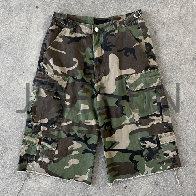 Camo Distressed Baggy Cargo Shorts with Raw Hem