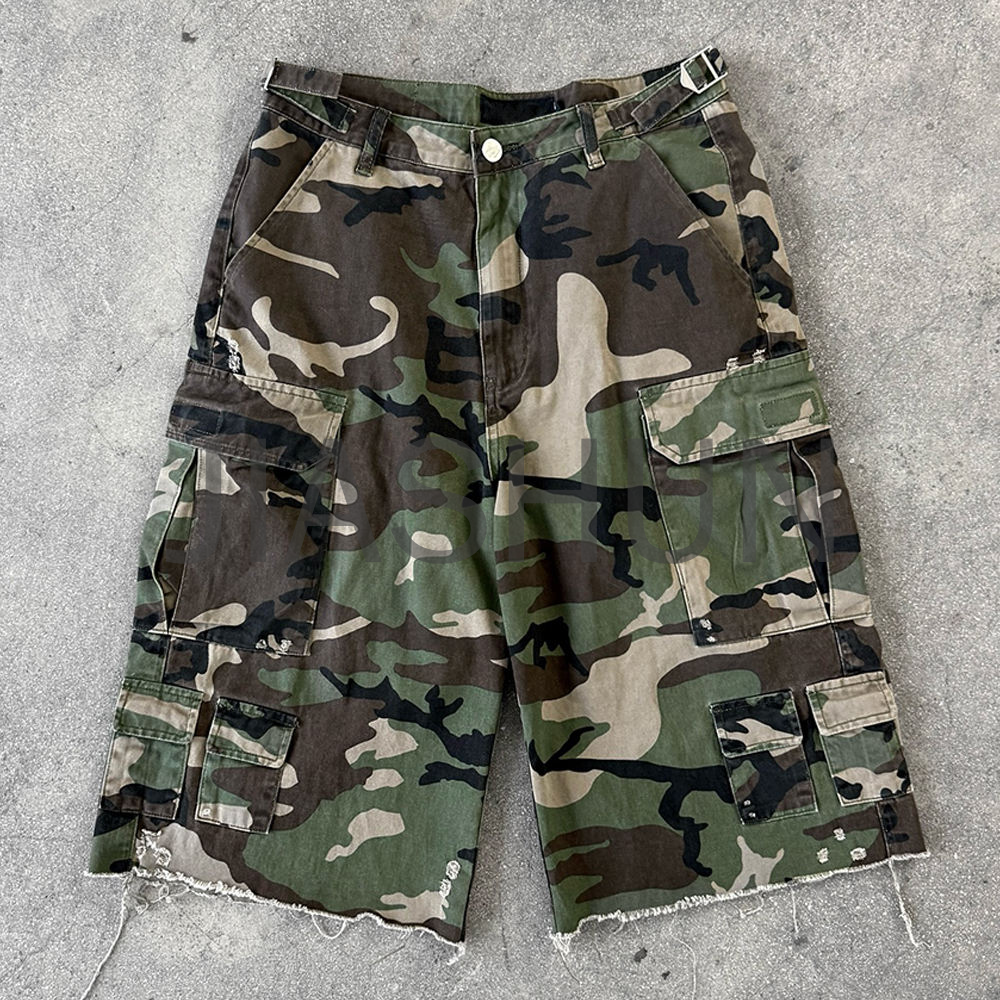 Camo Distressed Baggy Cargo Shorts with Raw Hem