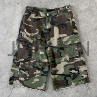 Camo Distressed Baggy Cargo Shorts with Raw Hem