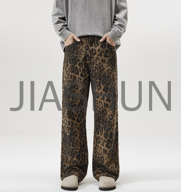 Washed Leopard Print Denim Pants