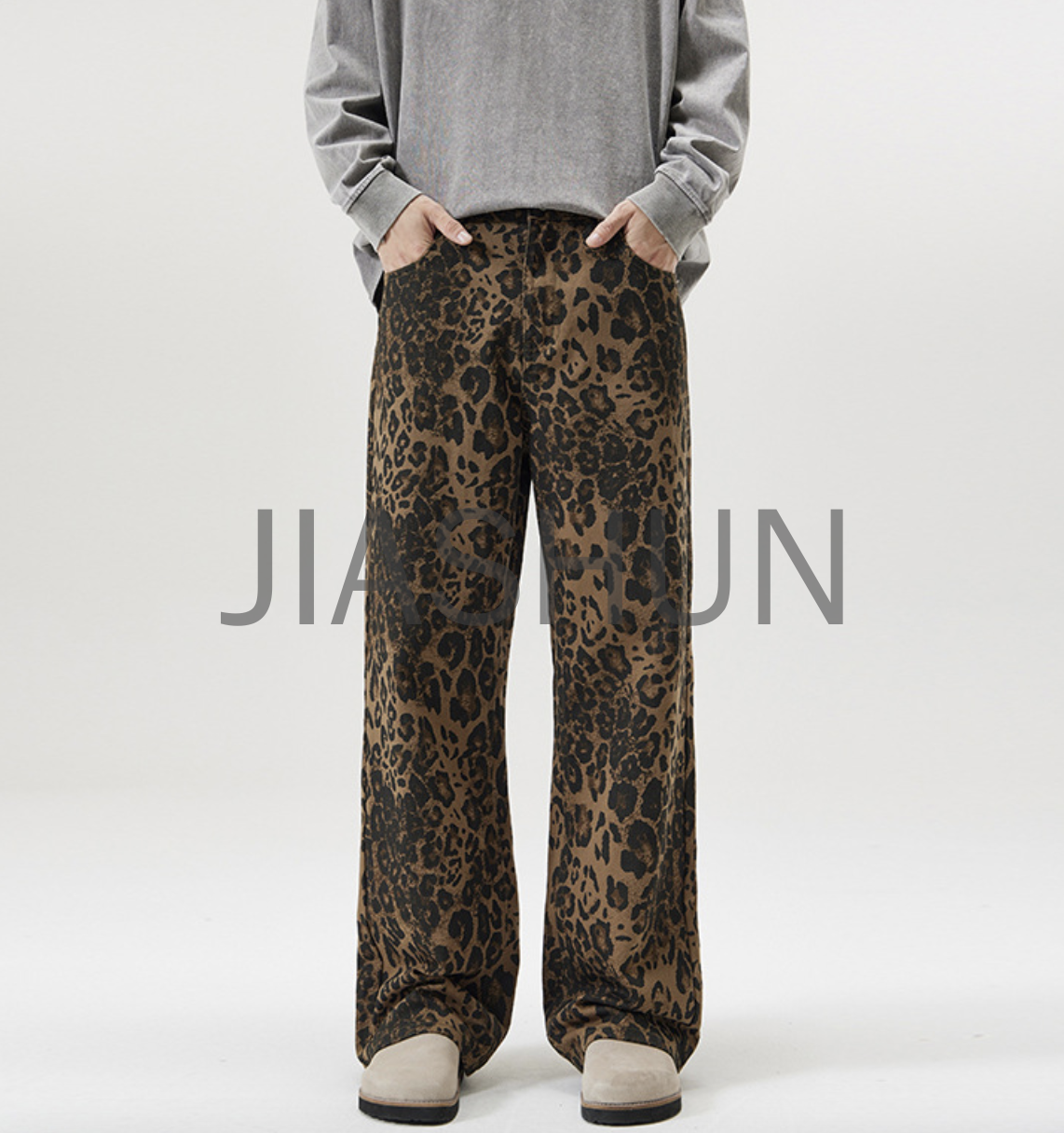 Washed Leopard Print Denim Pants
