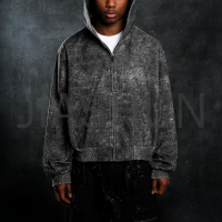 Black Stone Wash Heavyweight Canvas Cotton Zip-Up Hoodie