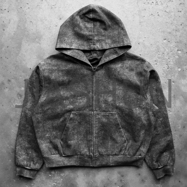 Black Stone Wash Heavyweight Canvas Cotton Zip-Up Hoodie