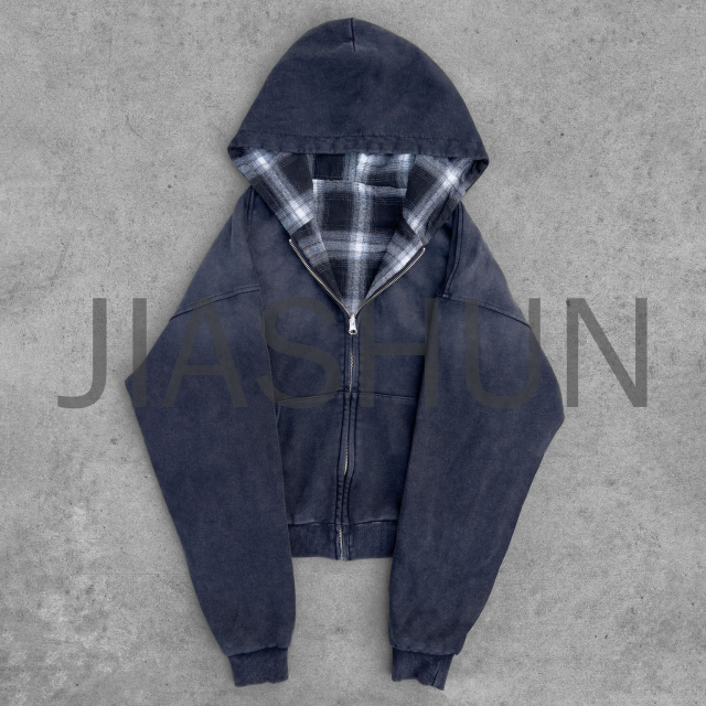 Acid Wash Plaid Double Sided Zip-Up Hoodie