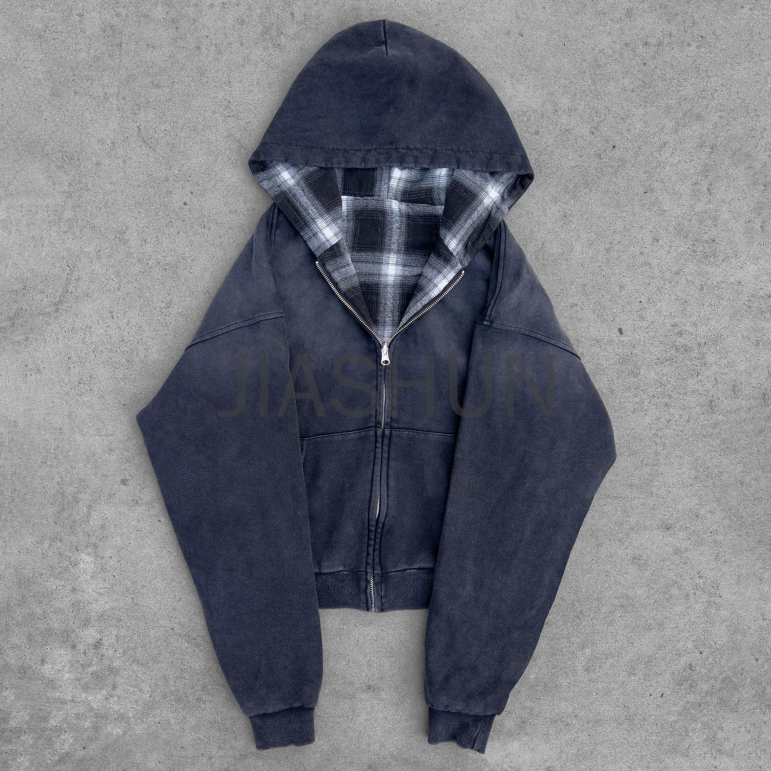 Acid Wash Plaid Double Sided Zip-Up Hoodie