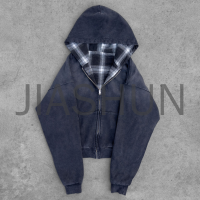 Acid Wash Plaid Double Sided Zip-Up Hoodie