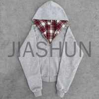Acid Wash Plaid Double Sided Zip-Up Hoodie