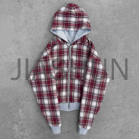 Acid Wash Plaid Double Sided Zip-Up Hoodie