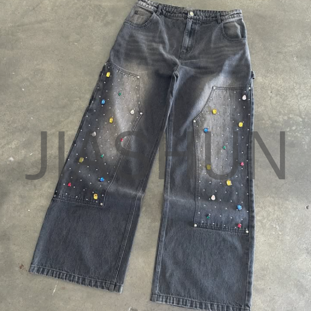 Vintage Washed Baggy Wide-Leg Cargo Jeans with Rhinestone Logo