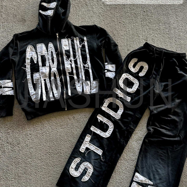 Acid Wash Distressed Zip-Up Sweatsuit with Embroidery Patch