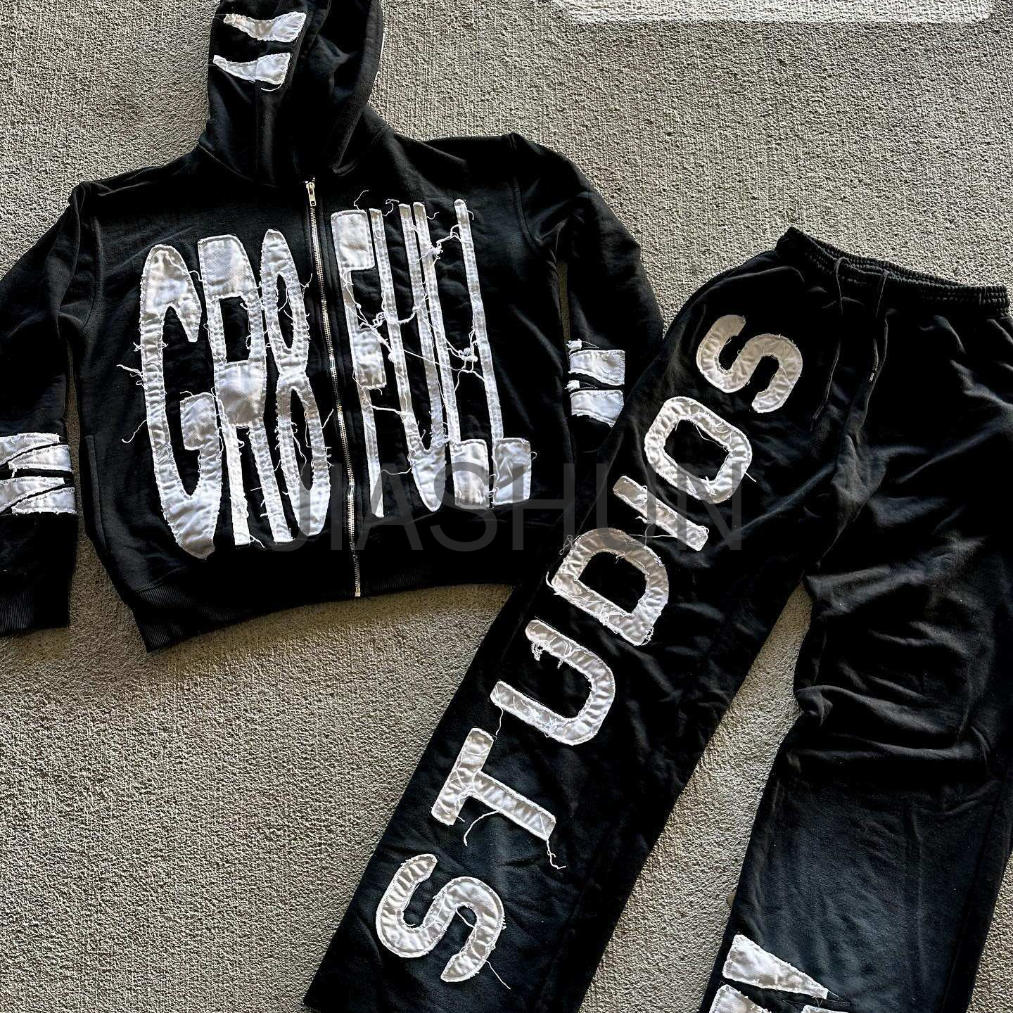 Acid Wash Distressed Zip-Up Sweatsuit with Embroidery Patch
