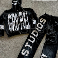 Acid Wash Distressed Zip-Up Sweatsuit with Embroidery Patch
