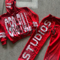 Acid Wash Distressed Zip-Up Sweatsuit with Embroidery Patch