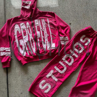 Acid Wash Distressed Zip-Up Sweatsuit with Embroidery Patch