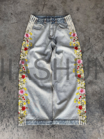 Vintage Light Wash Baggy Jeans with Side Flower Embroidered Hem