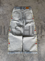 Vintage Light Wash Baggy Jeans with Side Flower Embroidered Hem