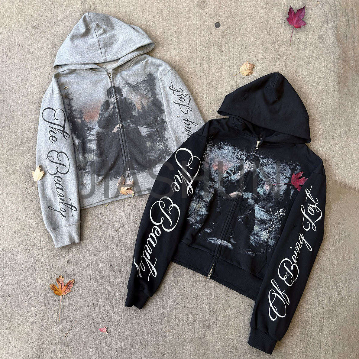 Acid Wash Heavyweight Oversized Zip-Up Hoodie with DTG Print