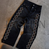 Baggy Heavyweight Distressed Wash High Waist Rhinestone Jeans