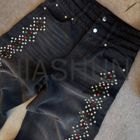 Baggy Heavyweight Distressed Wash High Waist Rhinestone Jeans
