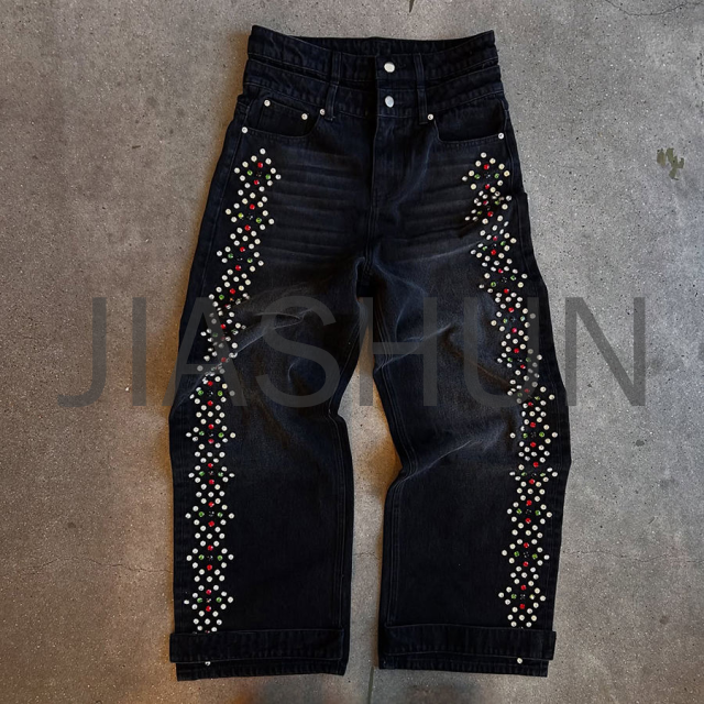 Baggy Heavyweight Distressed Wash High Waist Rhinestone Jeans