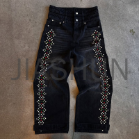 Baggy Heavyweight Distressed Wash High Waist Rhinestone Jeans