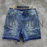 Distressed Vintage Wash Straight Leg Rhinestone Denim Shorts
