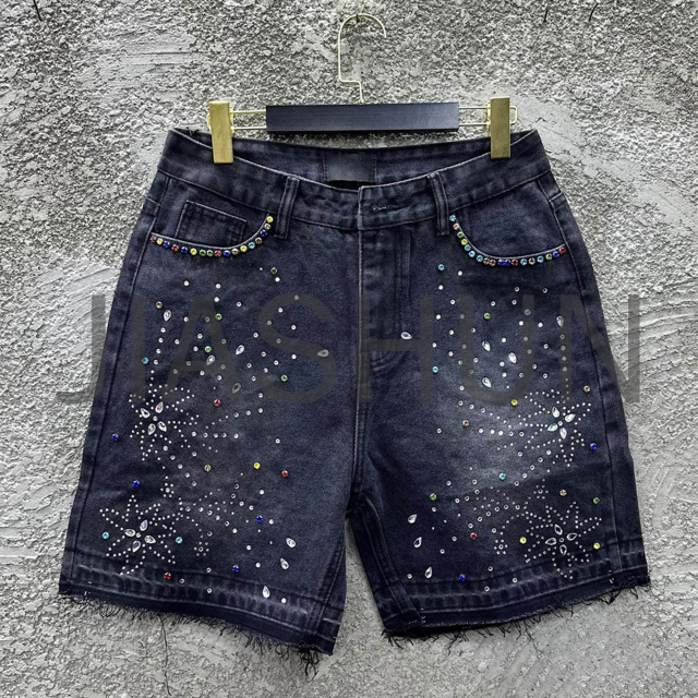 Distressed Vintage Wash Straight Leg Rhinestone Denim Shorts