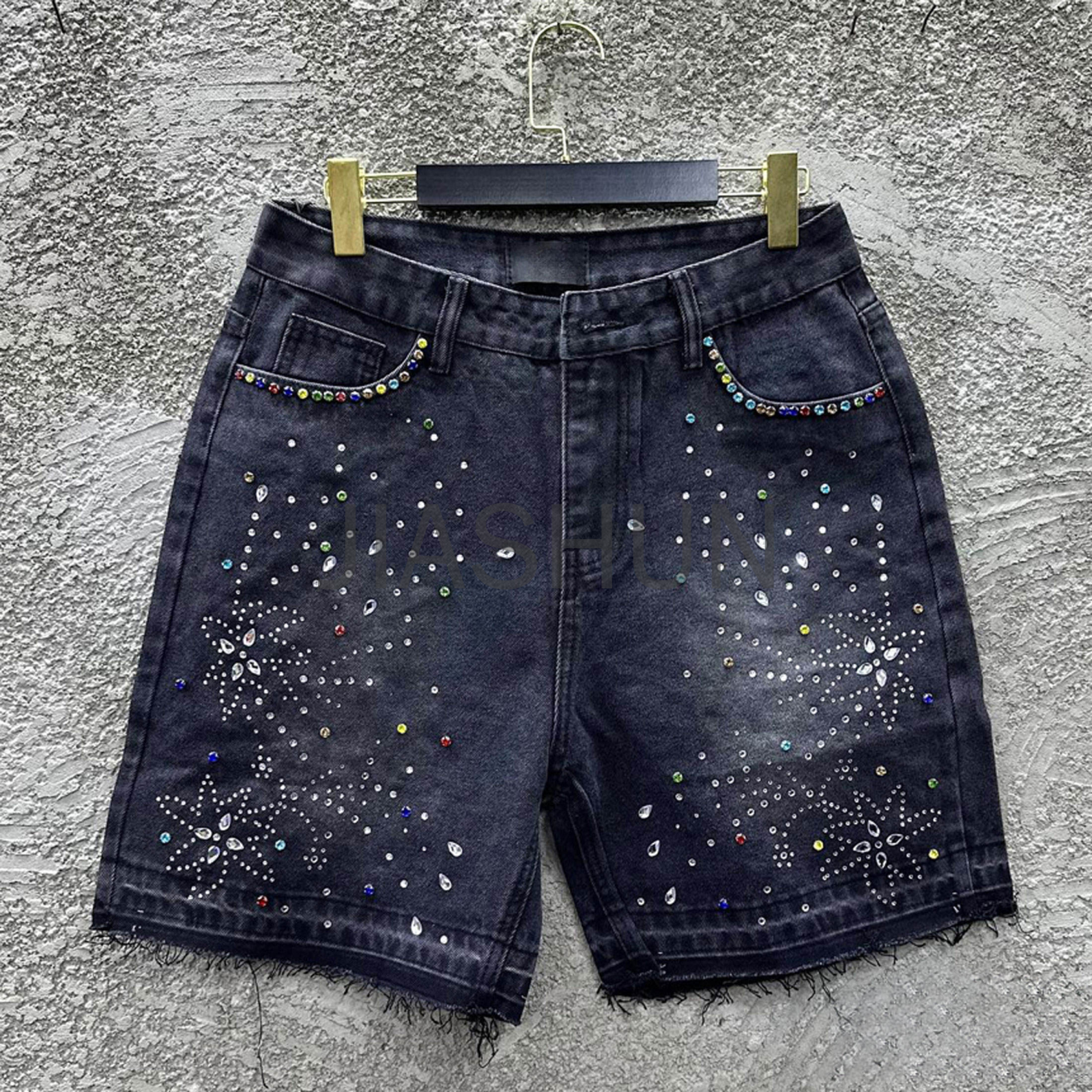 Distressed Vintage Wash Straight Leg Rhinestone Denim Shorts