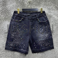 Distressed Vintage Wash Straight Leg Rhinestone Denim Shorts