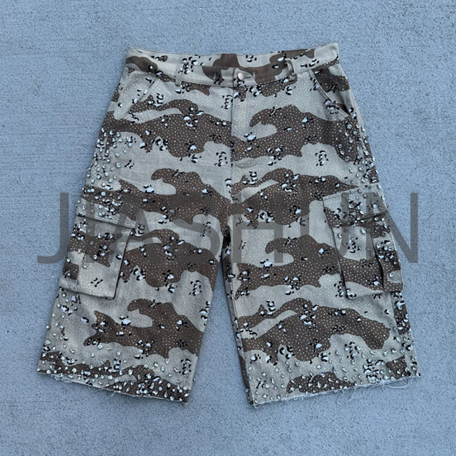 Canvas Camouflage Cargo Shorts DTG Print Raw Edge Rhinestone