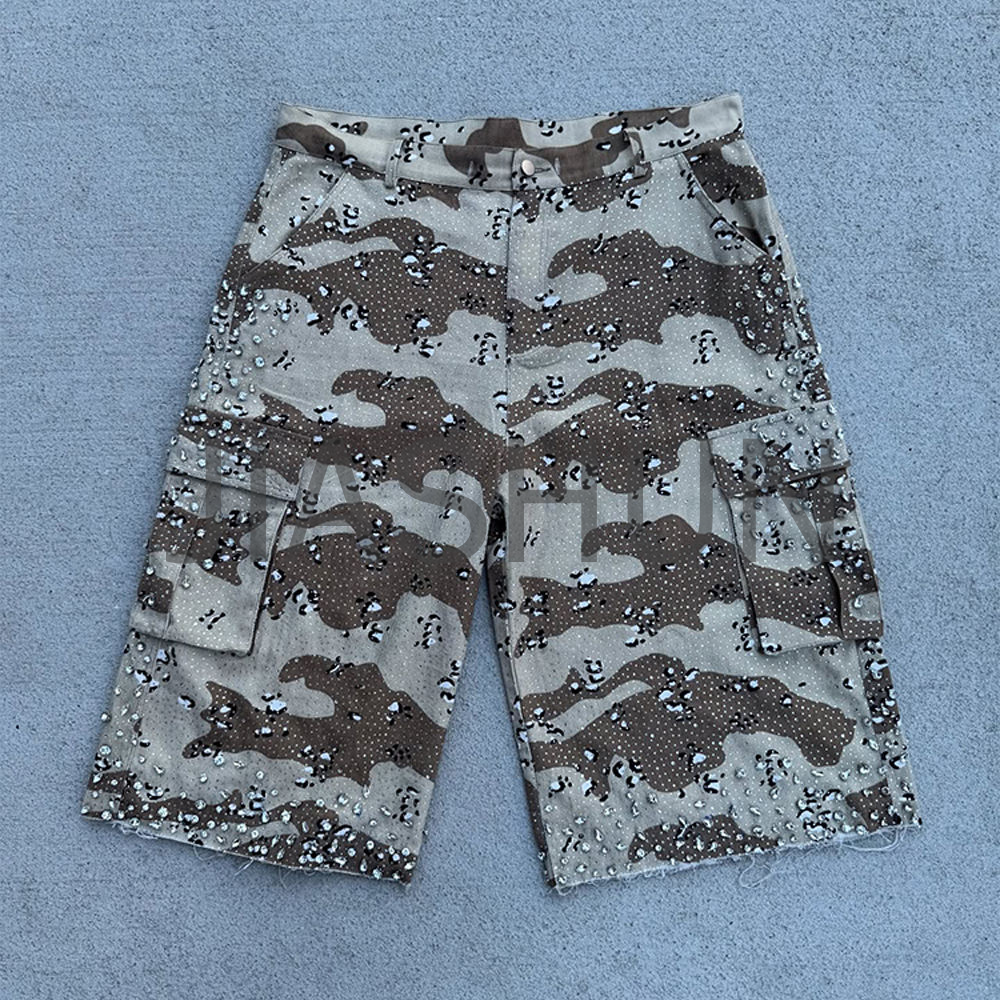 Canvas Camouflage Cargo Shorts DTG Print Raw Edge Rhinestone