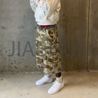 Canvas Camouflage Cargo Shorts DTG Print Raw Edge Rhinestone