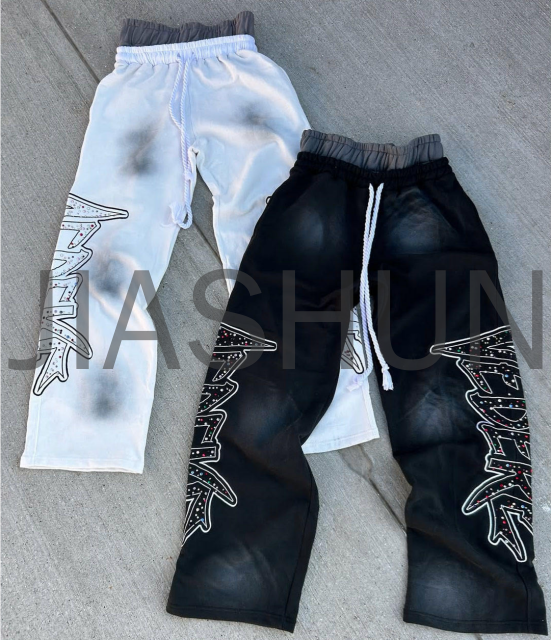 French Terry Dirty Dye Double-Waist Baggy Sweatpants with Rhinestone