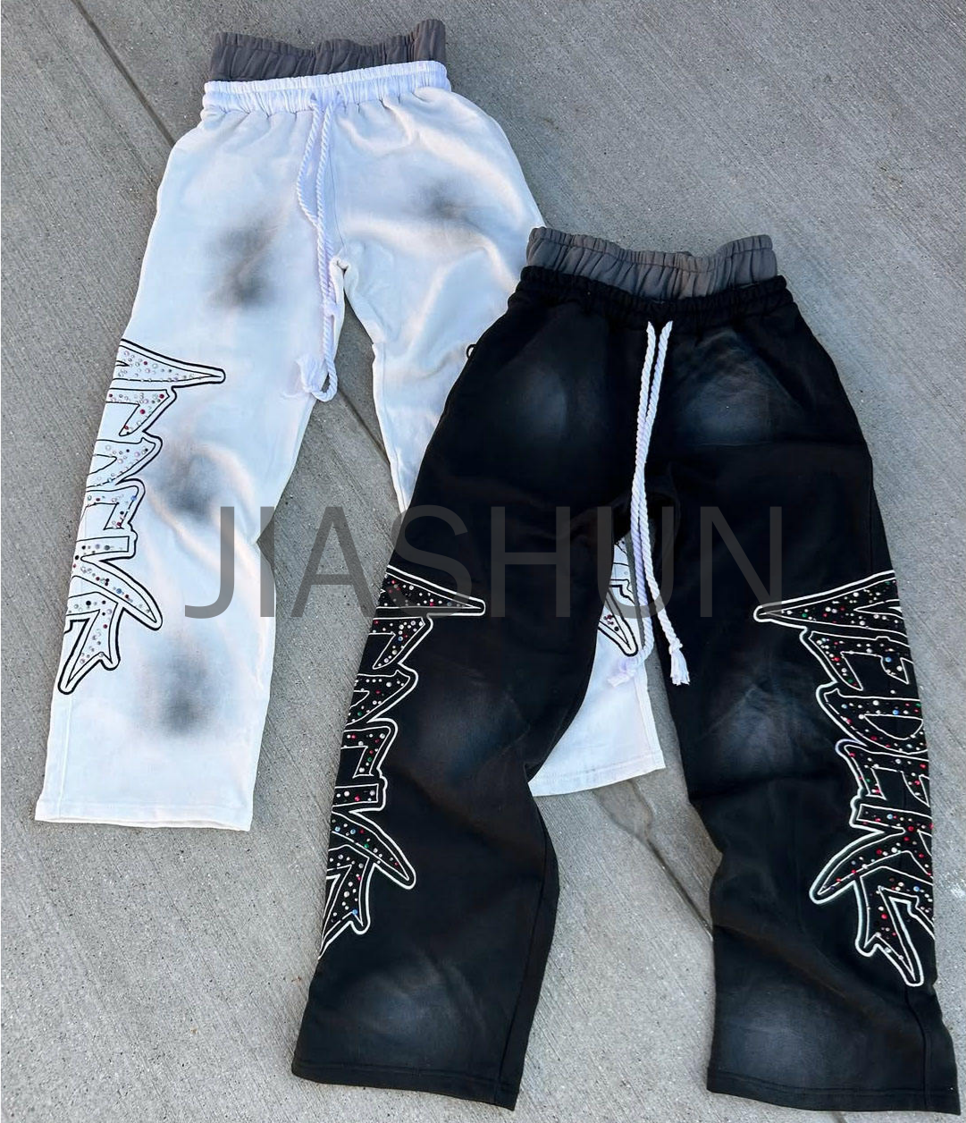 French Terry Dirty Dye Double-Waist Baggy Sweatpants with Rhinestone