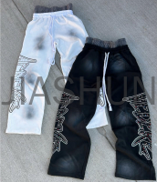 French Terry Dirty Dye Double-Waist Baggy Sweatpants with Rhinestone